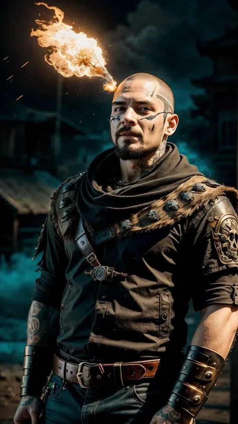 a profesional picture of 1man Fang, the Skull-Faced Bounty Hunter was a grizzled bounty hunter with a reputation for getting the job done, no matter the cost. His face was a patchwork of scars, with a prominent scar running down his right cheek, etching a permanent grimace onto his features. His eyes were a piercing yellow, and his hair was shaved close to his head, except for a long, raven lock that fell over his left eye. He wore a skull-emblazoned helmet that added to his fearsome appearance, and his armor was a mix of dented and scorched plates, a testament to the many battles he'd survived. A bionic armored gauntlet clamped around his left arm, enhancing his already formidable strength. His preferred weapons were a pair of custom-made, laser-etched revolvers, each one with a skull motif that matched his own gruesome visage. BREAK, realistic, perfect quality, best quality, ultrasharp, ultradetailed, perfect quality, masterpiece, intricated details, <lora:add_detail:0.4>, punk, <hypernet:sxzBloom_sxzBloom:0.3>, AS-YoungerV2 < <lora:splashes_v.1.1:0.5> Splash, splashes, splashing, explosion, exploding <lora:Smoke:0.3> smoke, smokkk, colorfull cyan, hotify, vivid colors