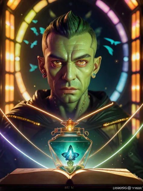 Alien-themed artwork portrait of a unique breathtaking and beautiful (((man))), looking at viewer, Swazi, (((male:1.9) with Square Oblong Face, Protruding Eyes, eye colors Green, Nose with an Alluring Hook Shape, protruding lower lip, lower cheekbones, soft chin )), face close-up, (((light play))), (((shadow play))), ((glamour photography)),highly detailed , hyperdetailed, soft light, sharp,Glowing flower field inside large Apothecary Jar,Bokeh,Grim, Golden Hour Light,intricate,elegant, intriguing, magic, colourful, in a fayrie's hut, books, cauldron, window, herbs, magical, mysterious, butterflies, cutecore <lora:star_wars_offset:1> star wars, Extraterrestrial, cosmic, otherworldly, mysterious, sci-fi, highly detailed