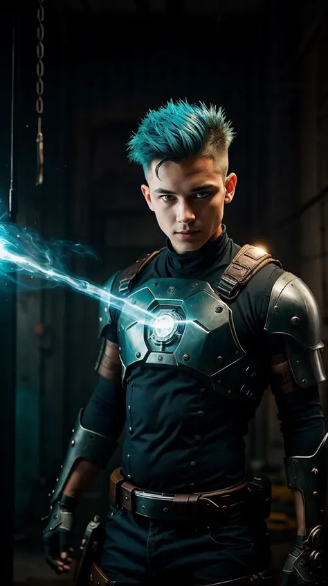 a profesional picture of 1man Riven, the Gunslinging Rogue was a man of few words and many secrets, with a reputation as the galaxy's most skilled and elusive rogue. His attire was a mix of military and outlaw, with a breastplate of modular durasteel plates over a black, form-fitting body suit. His left arm was cybernetically enhanced, the gleaming metal of his bionic limb a stark contrast to his toned, human flesh. His hair was short and spiky, dyed a shade of electric blue that matched the glowing lines in his cybernetic eye. He wore a bandolier across his chest, from which a variety of custom-made pistols and tools hung. His movements were quick and fluid, and his gaze was always watchful, ready for the next job or the next fight. BREAK, realistic, perfect quality, best quality, ultrasharp, ultradetailed, perfect quality, masterpiece, intricated details, <lora:add_detail:0.4>, punk, <hypernet:sxzBloom_sxzBloom:0.3>, AS-YoungerV2 < <lora:splashes_v.1.1:0.5> Splash, splashes, splashing, explosion, exploding <lora:Smoke:0.3> smoke, smokkk, colorfull cyan, hotify, vivid colors