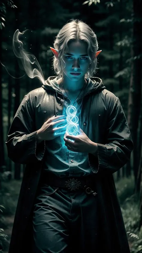 a profesional picture of 1man Aethan, the Arcane Elf Mage was a slender, ethereal elf, with skin as pale as moonlight and hair as silver as the stars. His eyes were a brilliant, otherworldly blue, and they shimmered with flecks of arcane energy. He wore a flowing, indigo robe that billowed with each gesture, adorned with runes of power that glowed softly when he channeled his magic. His fingers were long and delicate, each one tipped with a ring that acted as a conduit for his eldritch spells. He carried a staff crafted from a rare, living wood, its head carved into the likeness of a moonstone, which amplified his magical abilities. Aethan's presence was marked by an aura of mystery and power, his every movement suggesting the subtle dance of cosmic forces. BREAK, realistic, perfect quality, best quality, ultrasharp, ultradetailed, perfect quality, masterpiece, intricated details, <lora:add_detail:0.4>, punk, <hypernet:sxzBloom_sxzBloom:0.3>, AS-YoungerV2 < <lora:splashes_v.1.1:0.5> Splash, splashes, splashing, explosion, exploding <lora:Smoke:0.3> smoke, smokkk, colorfull cyan, hotify, vivid colors