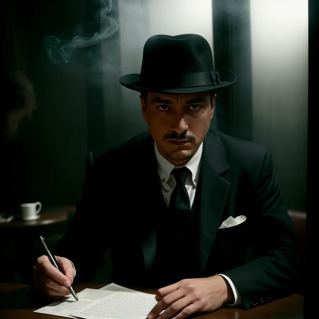 film noir in color, man sitting, smoky cafe, suave, shadows, hazy room, (movie still:0.2), film grain, dramatic lighting, cinematic, intriguing, extremely detailed, captivating, natural, stern face, detailed skin, brooding, dark and moody, thriller, dark, mysterious, dslr, unsplash, subtle, pen, detective