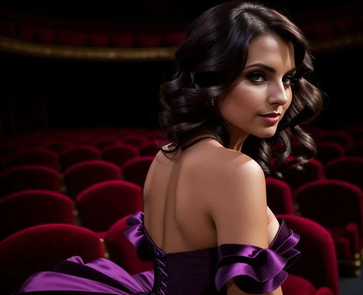 elegant woman in a dark opera house. (dark:1.3), beautiful brunette, looking over shoulder, (side view:0.35), (front view:0.2), moody, classy, beautiful, violet dress, backlit, (deep shadow:1.1), close-up, theater, (dark room:1.25), saturated, contrast, audience, swanky, sultry, smoldering, colorful, dslr, photo, detailed skin, fine, relaxing