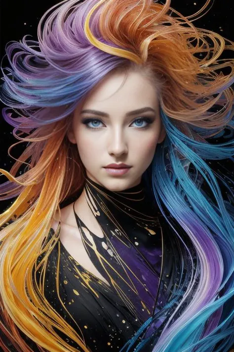 Colorful beautiful girl: a giru 28-years old, messy hair, oil painting, nice perfect face with soft skinice perfect face, blue yellow colors, light purple and violet additions, light red additions, intricate detail, splash screen, 8k resolution, masterpiece, cute face,artstation digital painting smooth veryBlack ink flow: 8k resolution photorealistic masterpiece: intricately detailed fluid gouache painting: by Jean Baptiste Mongue: calligraphy: acrylic: watercolor art, professional photography, natural lighting, volumetric lighting maximalist photoillustration: by marton bobzert:, complex, elegant, expansive, fantastical,  wavy hair, vibrant, Best quality details, realistic, High definition, High quality texture, epic lighting, Cinematic film still, 8k, soft lighting, anime style, masterful playing card border, random Colorful art, oil painting, blue yellow colors, light purple and violet additions, light red additions, intricate detail, splash screen, 8k resolution, masterpiece, artstation digital painting smooth veryBlack ink flow: 8k resolution photorealistic masterpiece: intricately detailed fluid gouache painting: by Jean Baptiste Mongue: calligraphy: acrylic: watercolor art, professional photography, natural lighting, volumetric lighting maximalist photoillustration: by marton bobzert:, complex, elegant, expansive, fantastical, vibrant