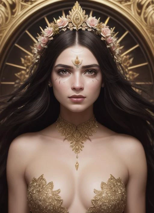 (symmetry:1.1) (portrait of floral:1.05) a woman as a beautiful goddess, (assassins creed style:0.8), pink and gold and opal color scheme, beautiful intricate filegrid facepaint, intricate, elegant, highly detailed, digital painting, artstation, concept art, smooth, sharp focus, illustration, art by greg rutkowski and alphonse mucha, 8k, Best quality details, realistic, High definition, High quality texture, epic lighting, Cinematic film still, 8k, soft lighting