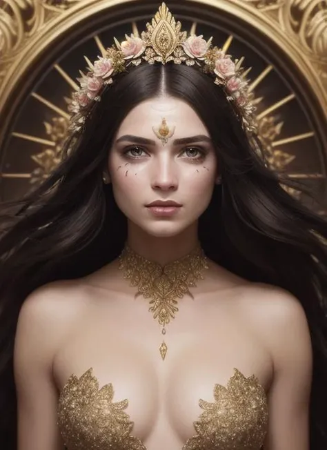 (symmetry:1.1) (portrait of floral:1.05) a woman as a beautiful goddess, (assassins creed style:0.8), pink and gold and opal color scheme, beautiful intricate filegrid facepaint, intricate, elegant, highly detailed, digital painting, artstation, concept art, smooth, sharp focus, illustration, art by greg rutkowski and alphonse mucha, 8k, Best quality details, realistic, High definition, High quality texture, epic lighting, Cinematic film still, 8k, soft lighting