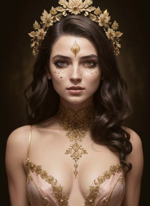 (symmetry:1.1) (portrait of floral:1.05) a woman as a beautiful goddess, (assassins creed style:0.8), pink and gold and opal color scheme, beautiful intricate filegrid facepaint, intricate, elegant, highly detailed, digital painting, artstation, concept art, smooth, sharp focus, illustration, art by greg rutkowski and alphonse mucha, 8k, Best quality details, realistic, High definition, High quality texture, epic lighting, Cinematic film still, 8k, soft lighting