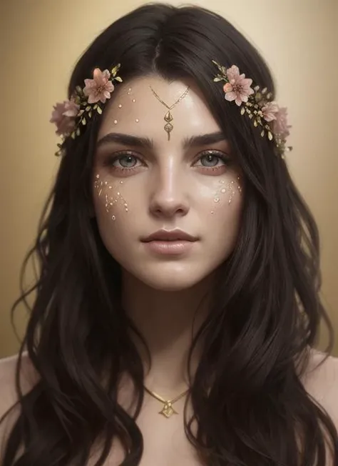 (symmetry:1.1) (portrait of floral:1.05) a woman as a beautiful goddess, (assassins creed style:0.8), pink and gold and opal color scheme, beautiful intricate filegrid facepaint, intricate, elegant, highly detailed, digital painting, artstation, concept art, smooth, sharp focus, illustration, art by greg rutkowski and alphonse mucha, 8k, Best quality details, realistic, High definition, High quality texture, epic lighting, Cinematic film still, 8k, soft lighting