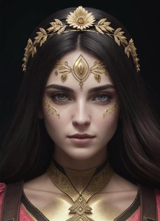 (symmetry:1.1) (portrait of floral:1.05) a woman as a beautiful goddess, (assassins creed style:0.8), pink and gold and opal color scheme, beautiful intricate filegrid facepaint, intricate, elegant, highly detailed, digital painting, artstation, concept art, smooth, sharp focus, illustration, art by greg rutkowski and alphonse mucha, 8k, Best quality details, realistic, High definition, High quality texture, epic lighting, Cinematic film still, 8k, soft lighting