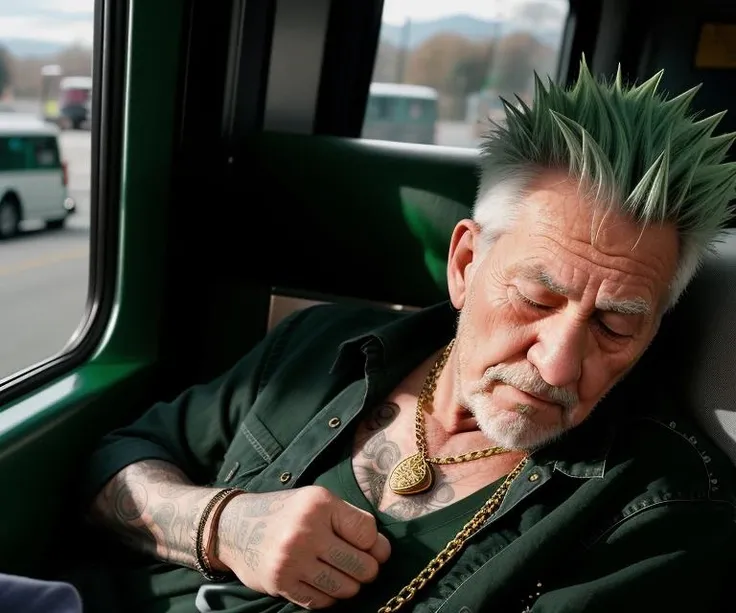 old man with spiky hair, green hair dye, evening bus ride, fell asleep, snoring, red bus, candid shot, metal grandpa out cold, wealthy, detailed skin, wrinkles, shadows, luggage, gold chain, tattoos, punk, sleepcore, slack jaw, blue sky