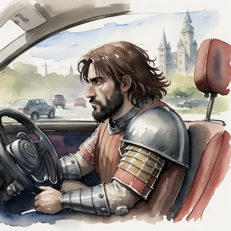 gorgeous watercolor painting of a gruff medieval knight, stuck in traffic in their car, aquarelle, annoyed, bored, artistic, driving, simple, steering, side view