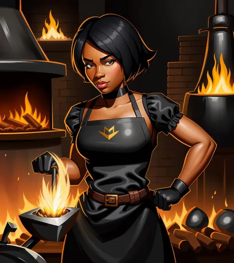 stylized digital painting of a black woman, blacksmith, hammer, smith apron, strong, anvil, forging, heat, 2d, drawing, character art, firelit, rolled sleeves