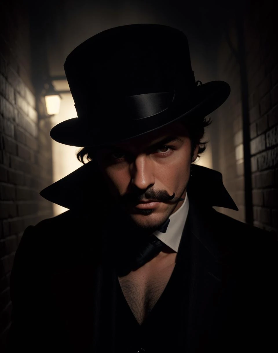 photo of a charming charlatan, 1920s assassin, hat tip, tilted, dark alleyway, dark spotlight, backlit silhouette, skin detail, stubble, handsome, gritty setting, interesting, suave portrait photo, twirly moustache