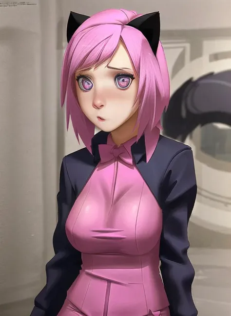 ((best quality)), ((highly detailed)), masterpiece, ((official art)), extremely detailed face, beautiful face, (detailed eyes, deep eyes), (1girl:1.33, solo), (panther girl), panther ears, panther tail, (pink hair), pink eyes, pink tail, pink ears, ((pink colored business suit)), ((pink colored suit jacket)), pink pinstripe pants, pink bow tie, <lora:kittyPuddinAkaSinnerV1:.8> sinnerart