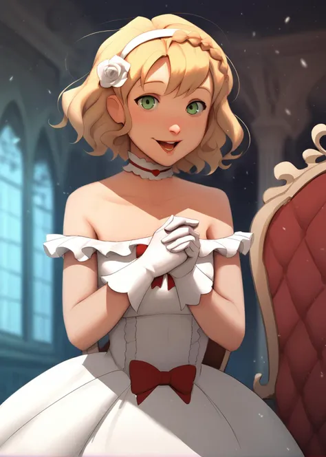 score_9, score_8_up, score_7_up, score_6_up, sensitive, 1girl, solo, looking at viewer, smile, open mouth, short hair, blonde hair, gloves, dress, ribbon, bare shoulders, green eyes, braid, flower, frills, hairband, choker, white gloves, white dress, rose, wavy hair, chair, frilled dress, chandelier, sakurai momoka
<lora:Sinnerart_pony:1>  sinnerart