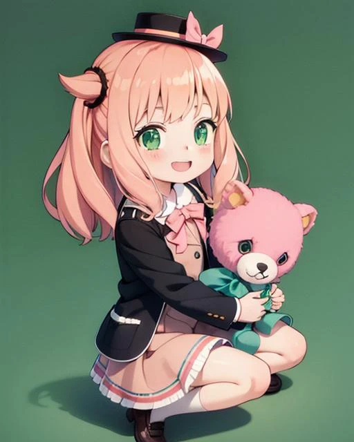 a girl with pink hair and green eyes holding a teddy bear and a teddy bear doll in her lap, (bow:0.747), (chibi:0.850), (dress:0.577), (frills:0.630), (green eyes:0.999), (hat:0.866), (low twintails:0.515), (mini hat:0.563), (minigirl:0.689), (multiple girls:0.840), (pink hair:0.765), (smile:0.831), (top hat:0.730), (twintails:0.777)full body,