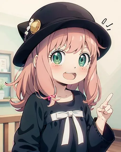 a anime girl with pink hair and green eyes pointing at something with a surprised look on her face and a black cat hat, (1girl:0.992), (:d:0.583), (bangs:0.701), (blush:0.584), (green eyes:0.992), (looking at viewer:0.711), (open mouth:0.760), (pink hair:0.917), (ribbon:0.826), (short hair:0.571), (smile:0.855), (solo:0.949), (teeth:0.770), (upper body:0.760)