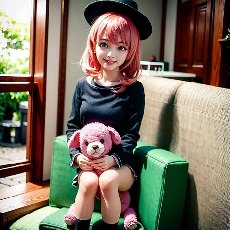 a girl with pink hair and green eyes holding a teddy bear and a teddy bear doll in her lap, (bow:0.747), (chibi:0.850), (dress:0.577), (frills:0.630), (green eyes:0.999), (hat:0.866), (low twintails:0.515), (mini hat:0.563), (minigirl:0.689), (multiple girls:0.840), (pink hair:0.765), (smile:0.831), (top hat:0.730), (twintails:0.777)