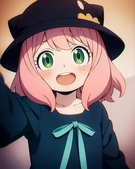 a anime girl with pink hair and green eyes pointing at something with a surprised look on her face and a black cat hat, (1girl:0.992), (:d:0.583), (bangs:0.701), (blush:0.584), (green eyes:0.992), (looking at viewer:0.711), (open mouth:0.760), (pink hair:0.917), (ribbon:0.826), (short hair:0.571), (smile:0.855), (solo:0.949), (teeth:0.770), (upper body:0.760)