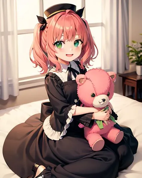 a girl with pink hair and green eyes holding a teddy bear and a teddy bear doll in her lap, (bow:0.747), (chibi:0.850), (dress:0.577), (frills:0.630), (green eyes:0.999), (hat:0.866), (low twintails:0.515), (mini hat:0.563), (minigirl:0.689), (multiple girls:0.840), (pink hair:0.765), (smile:0.831), (top hat:0.730), (twintails:0.777)full body,