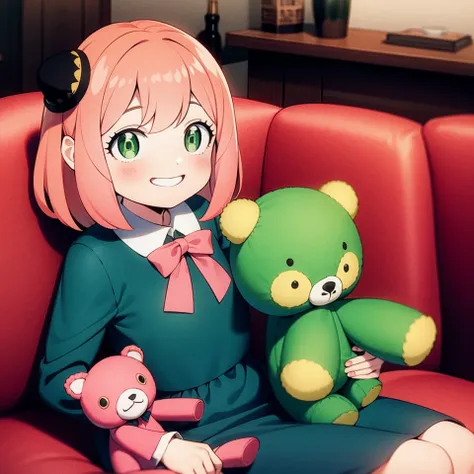 a girl with pink hair and green eyes holding a teddy bear and a teddy bear doll in her lap, (bow:0.747), (chibi:0.850), (dress:0.577), (frills:0.630), (green eyes:0.999), (hat:0.866), (low twintails:0.515), (mini hat:0.563), (minigirl:0.689), (multiple girls:0.840), (pink hair:0.765), (smile:0.831), (top hat:0.730), (twintails:0.777)
