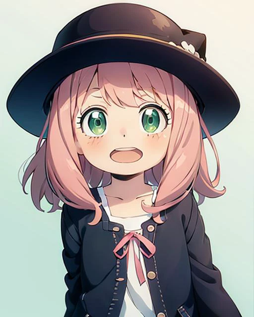 a anime girl with pink hair and green eyes pointing at something with a surprised look on her face and a black cat hat, (1girl:0.992), (:d:0.583), (bangs:0.701), (blush:0.584), (green eyes:0.992), (looking at viewer:0.711), (open mouth:0.760), (pink hair:0.917), (ribbon:0.826), (short hair:0.571), (smile:0.855), (solo:0.949), (teeth:0.770), (upper body:0.760)