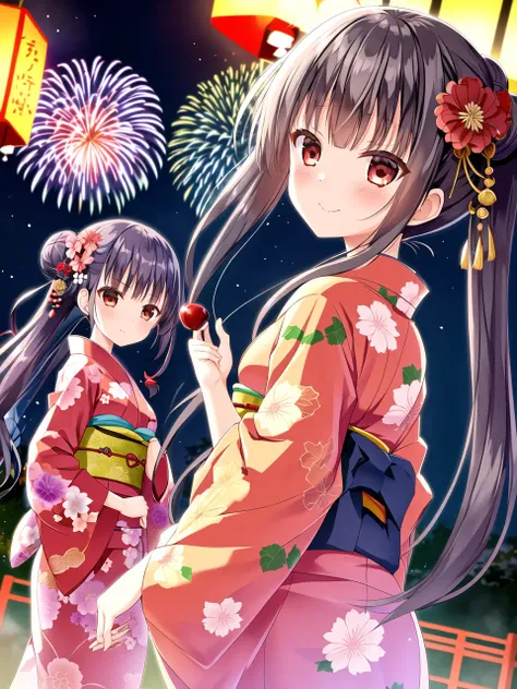 masterpiece, best quality, 2girls, full body, fireworks, japanese clothes, kimono, candy apple, solo, hair ornament, looking at viewer, night, geta, hair flower,white legwear, smile, food, aerial fireworks, bangs, yukata, sky, looking back, outdoors, closed mouth, night sky, sash, festival, obi, sidelocks, print kimono, blunt bangs, wide sleeves, red flower, long hair, long sleeves, hair bun, summer festival, expressionless,