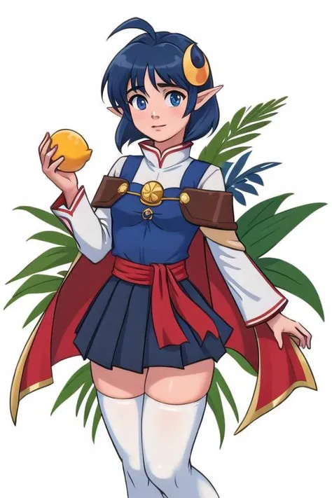 (masterpiece, best quality:1.2) <lora:flick:1> flick,
1girl, solo, white background, holding lemon, (smile:.5)
<lora:rena:1.0> rena, crescent hair ornament, renadef, red cape, blue skirt, (ahoge:.7), short hair, white thighhighs,