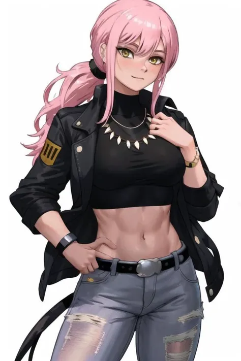 <lora:Flick:.7>, Flick, masterpiece, best quality, 1girl, solo, white background, jacket, midriff, jewelry, pink hair, smile, shirt, navel, open jacket, open clothes, pants, simple background, bracelet, ring, shiny, white shirt, denim, shiny hair, hair between eyes, long hair, standing, belt, wing collar, ponytail, yellow eyes, stomach, black jacket, cowboy shot, necklace, sidelocks, grey shirt, denim jacket, bangs, crop top, wristwatch, high ponytail, long sleeves, closed mouth, blush, dress shirt, collared shirt, watch, breasts, large breasts,