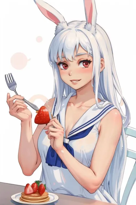 <lora:Flick:.7>, Flick, masterpiece, best quality, 1girl, solo, rabbit ears, food, animal ears, fork, long hair, plate, red eyes, sleeveless, sailor collar, fruit, pancake, holding, strawberry, blue sailor collar, collarbone, holding fork, bare arms, drinking straw, smile, looking at viewer, bangs, very long hair, sleeveless shirt, parted lips, bare shoulders, cup, white background, drinking glass, white hair, white dress, neckerchief, ice cube, sleeveless dress, white shirt, ice, shirt, breasts, large breasts, simple background, upper body, blush, table, pancake stack
