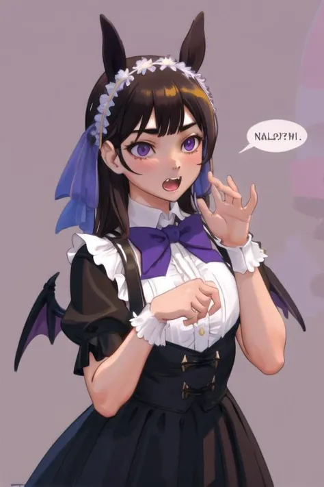 <lora:Flick:.7>, Flick, masterpiece, best quality, 1girl, solo, animal ears, horse ears, gloves, long hair, hair over one eye, purple eyes, fangs, black gloves, open mouth, flying sweatdrops, shirt, wings, blue flower, blue rose, official alternate costume, blush, flower, upper body, short sleeves, brown hair, collared shirt, center frills, looking at viewer, rose, white shirt, frills, horse girl, hair ornament, skin fangs, bow, puffy sleeves, claw pose, signature, hairband, hair flower, dated, frilled hairband, puffy short sleeves, speech bubble, bangs, simple background, jewelry, halloween, halloween costume, bat wings, hands up, black bow