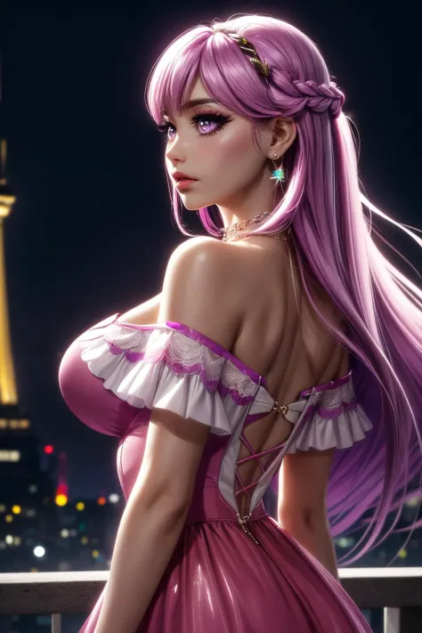 (best quality,highres,ultra-detailed),realistic,portraits,Asian girl,deep green eyes,detailed eyes,lips,tattooed arms,pink hair,elegant purple dress,purple shoes,big bust,big bottom. Full body, backgroud garden in the night