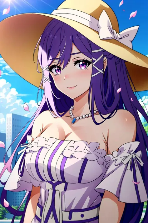 <lora:last:1> Xia Zitong, 1girl, solo, long hair, hat, jewelry, ribbon, purple eyes, sun hat, hair between eyes, pink hair, necklace, hair ribbon, looking at viewer, upper body, purple hair, white ribbon, cloud, petals, sky, day, outdoors, pink eyes, hour glass body, by a building, mouth closed, smile ((Extremely Detailed)), ((Best Quality)), ((Masterpiece)), ((4k))