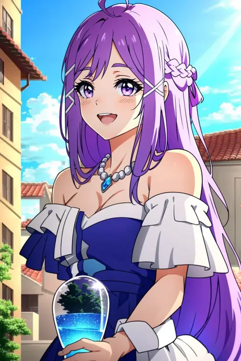 <lora:last:1> Xia Zitong, 1girl, solo, jewelry, long hair, necklace, open mouth, day, sky, purple eyes, cleavage, outdoors, breasts, pink hair, purple hair, braid, ribbon, looking up, hair ribbon, cloud, bare shoulders, blue sky, hair ornament, hour glass body, by a building, mouth closed, smile ((Extremely Detailed)), ((Best Quality)), ((Masterpiece)), ((4k))