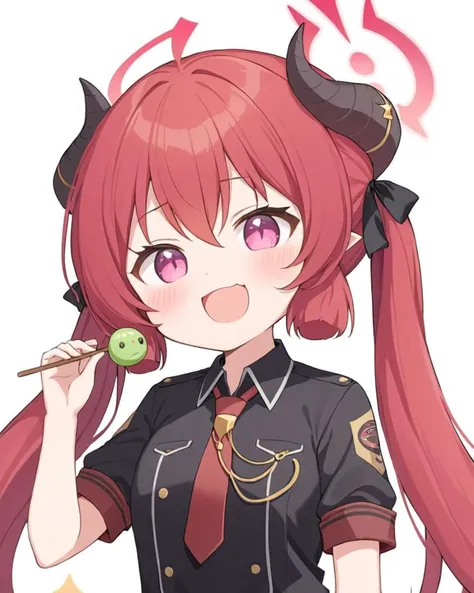junko \(blue archive\),1girl, solo, horns, red_necktie, halo, dango, +_+, twintails, white_background, holding_food, simple_background, short_sleeves, upper_body, mouth_drool, sparkle, black_shirt, blush, collared_shirt, black_ribbon, smile, open_mouth, chibi
<lora:junko_(blue_archive)_image691_2023-11-28-000012:1>halo. gorgeous,key visual, vibrant, studio anime,award-winning, professional, highly detailed,high budget, cinemascope