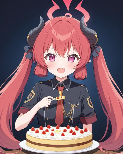 junko \(blue archive\),1girl, horns, solo, open_mouth, twintails, red_necktie, black_shirt, looking_at_viewer, holding_food, halo, upper_body, blush, slit_pupils, border, cake, notice_lines
<lora:junko_(blue_archive)_image691_2023-11-28-000012:1>halo. gorgeous,key visual, vibrant, studio anime,award-winning, professional, highly detailed,high budget, cinemascope