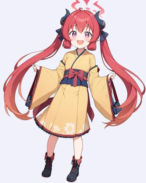 junko \(blue archive\),1girl, official_alternate_costume, solo, horns, twintails, halo, kinchaku, yellow_kimono, open_mouth, full_body, smile, hakama_skirt, food, fang, wide_sleeves, holding_bag, ahoge, lace-up_boots, blush, white_background, floral_print, long_sleeves
<lora:junko_(blue_archive)_image691_2023-11-28-000012:1>halo. gorgeous,key visual, vibrant, studio anime,award-winning, professional, highly detailed,high budget, cinemascope