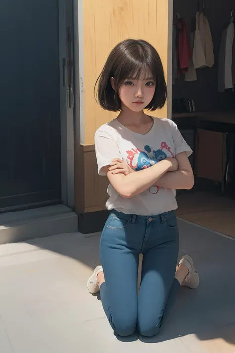 ((((ultra illustrated style:1.0)))),best quality,best animated,masterpiece,ray tracing, global illumination,kneeling, 1girl, solo,looking at viewer,full body,crossed arms <lora:kneeling_01-000006:0.9>