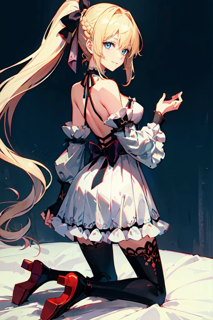 <lora:kneeling_02:0.85> kneeling_02, full body,ass,back, from behind, looking back,full body,, ultra detailed, masterpiece, best quality, solo, soft smile, light smile,
1girl, blue eyes, very long hair, blonde hair, long blonde hair, french braid, bangs, medium breasts,
hair ribbon, frilled choker, criss-cross halter, sleeveless dress, high-waist skirt, backless dress, waist bow, detached sleeves, frilled sleeves, wide sleeves, pantyhose, patterned legwear, mary janes,