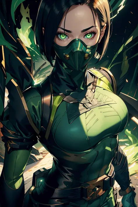 (masterpiece, best quality:1.2), intricate details, <lyco:GoodHands-beta2:1>, <lora:viper-nvwls-v2:0.8>, valorantViper, bodysuit, gloves, belt, respirator, looking at viewer, portrait, close-up, glowing eyes, green smoke, underground, laboratory