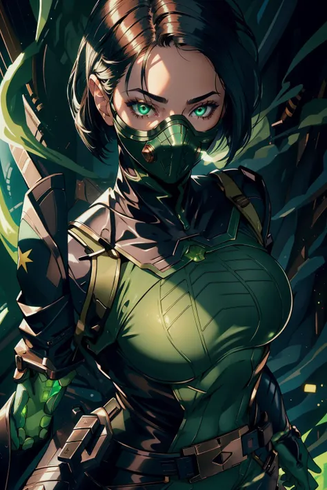 (masterpiece, best quality:1.2), intricate details, <lyco:GoodHands-beta2:1>, <lora:viper-nvwls-v2:0.8>, valorantViper, bodysuit, gloves, belt, respirator, looking at viewer, portrait, close-up, glowing eyes, green smoke, underground, laboratory, from below, (mature female:1.2)