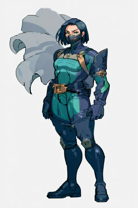 masterpiece, best quality, simple background, full body, white background, <lora:Cps2V2_Fp:1> <lora:viper-nvwls-ver2-final:1> valorantViper, green eyes, bodysuit, gloves, belt, thigh boots, respirator, from side, standing