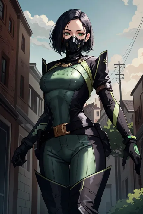 masterpiece, best quality, valorantViper, green eyes, bodysuit, gloves, belt, thigh boots, standing, hands to hips, cowboy shot, from below, glare, furrowed brow, city, docks