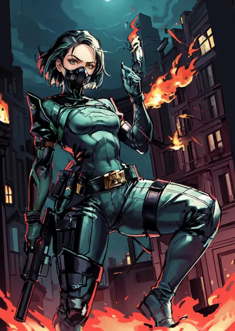masterpiece:1.2, best quality, 1girl, solo,valorantviper, green bodysuit, elbow gloves, belt, thigh boots, gasmask, city ruins, ((fire)), assault rifle, <lora:viper-nvwls-v1-final:0.8>,   <lora:yojiShinkawaStyle_offset:0.8>,  <lyco:BetterGuns-V1:0.8.0>8>,
