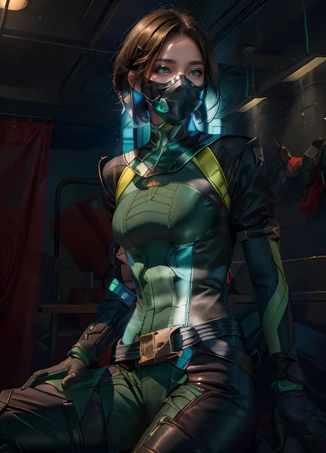 best quality, masterpiece, photorealistic, <lora:viper-nvwls-v2:0.8>, 1girl, valorantViper, green eyes, bodysuit, gloves, belt, thigh boots, respirator,indoors, light <lora:add_detail:0.8>,