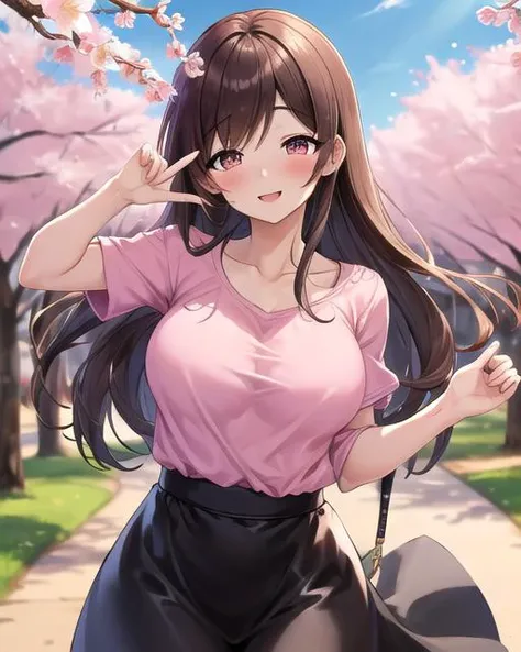 best quality, masterpiece, highres, detailed, perfect anatomy, <lora:Style - add_detail:0.2>, ChihoNTR,  <lora:ChihoNTR:1>, happy, smilling, cowboy shot, park, sunny, long hair, pink top, black skirt, long skirt, v, swept bangs, double v, sakura,