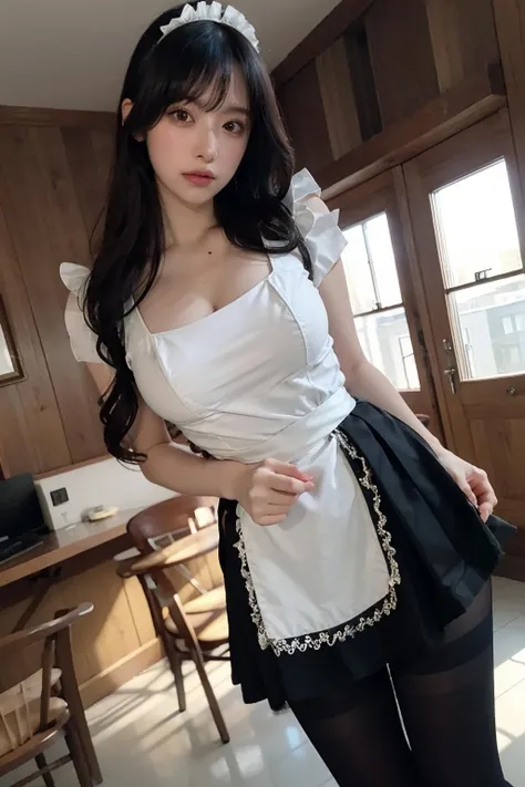 (hyperrealistic), (illustration), (high resolution), (8K), (extremely detailed), (best illustration), (beautiful detailed eyes), (best quality), (super detailed), (masterpiece), (wallpaper), (detailed face), solo, (dynamic pose), 1 girl, white wavy hair in the kitchen, Korean, heterochromic eyes, small spots under the eyes, ((apron)), large breasts, long legs, squeezes the abdomen, (camel fingers), (black socks), (no bra), (full body)