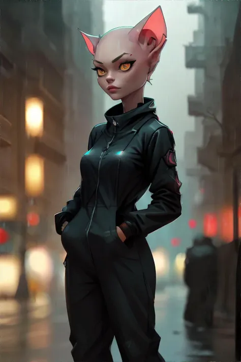 <lora:sphynxcatgirl:0.8>, sphynxcatgirl wearing jumpsuit, hands in pockets, city street, night time, raining, cyberpunk, no human ears, <clip:skip:2> || skin, clothing, raining, masterpiece, 8k, high resolution, shallow depth of field, sharp focus