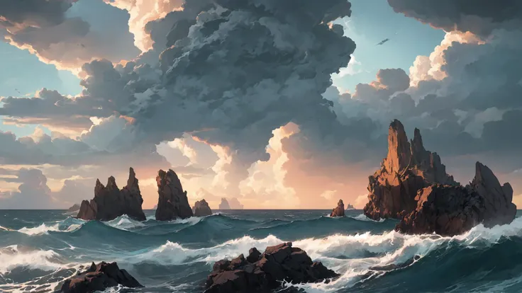 dark thunderheads in the distance, over a turbulent ocean, dusk, sunset visible, waves, jagged rocks, small island, no humans, 2D, two dimensional, flat, illustration, aesthetic of realism, newfangled marvelous opus, precise details, future-proof atmosphere, (balanced center composition, :0.1), <lora:xl_more_art-full_v1:0.5> <lora:MJ52:0.5>