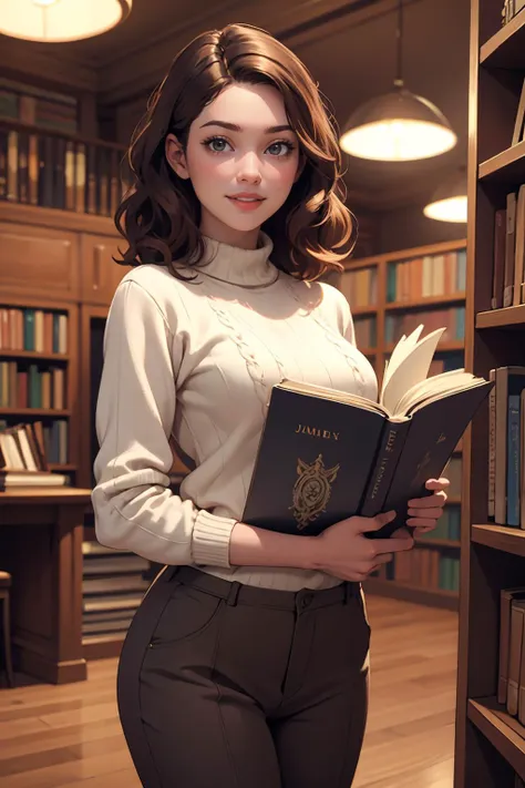 (masterpiece, best quality, highres, high resolution:1.2), extremely detailed, realistic, intricate details, Jamie, 21 year old woman, pretty face, medium breasts, (short wavy hair), short brown hair, , in library, holding stack of books, slacks, sweater, sfangle, grinning