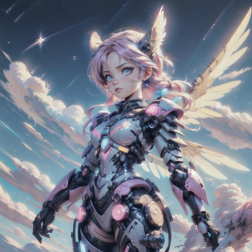 photorealistic, masterpiece, (18 years old, tiny:1.5) valkyrie, sword, armor, pink hair, french braid, <lora:wrenchsmechs:0.8> wrenchsmechs, glowing, <your_color> mecha, halo, mechanical wings, long hair <lora:KawaiiTech-20:0.8> kawaiitech, pastel colors, kawaii, cute colors, scifi <lora:more_details:0.8> <lora:EnvyFantasyMix05:0.8>